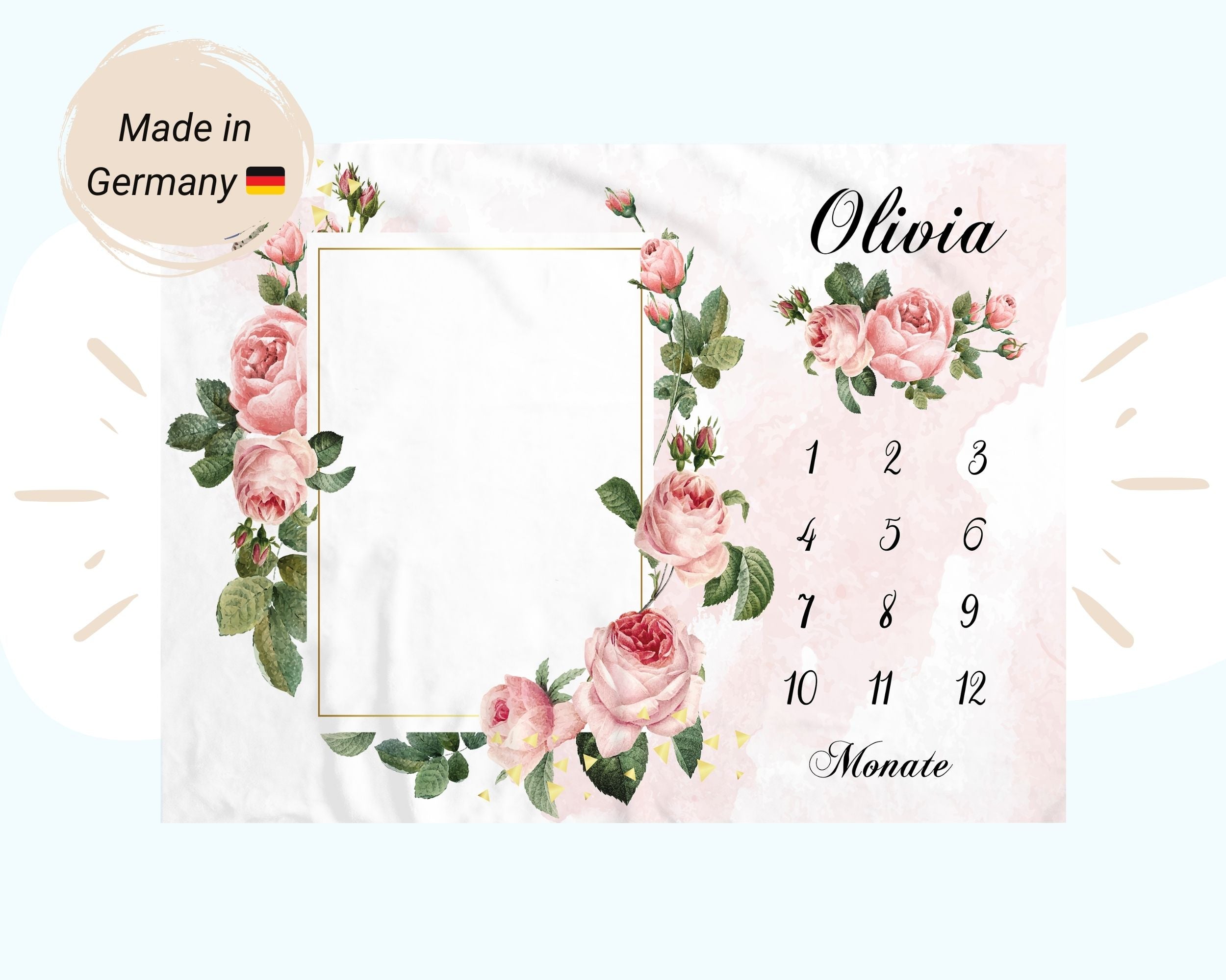 Pinke Rosen Blumenrahmen - Personalisierte Babydecke