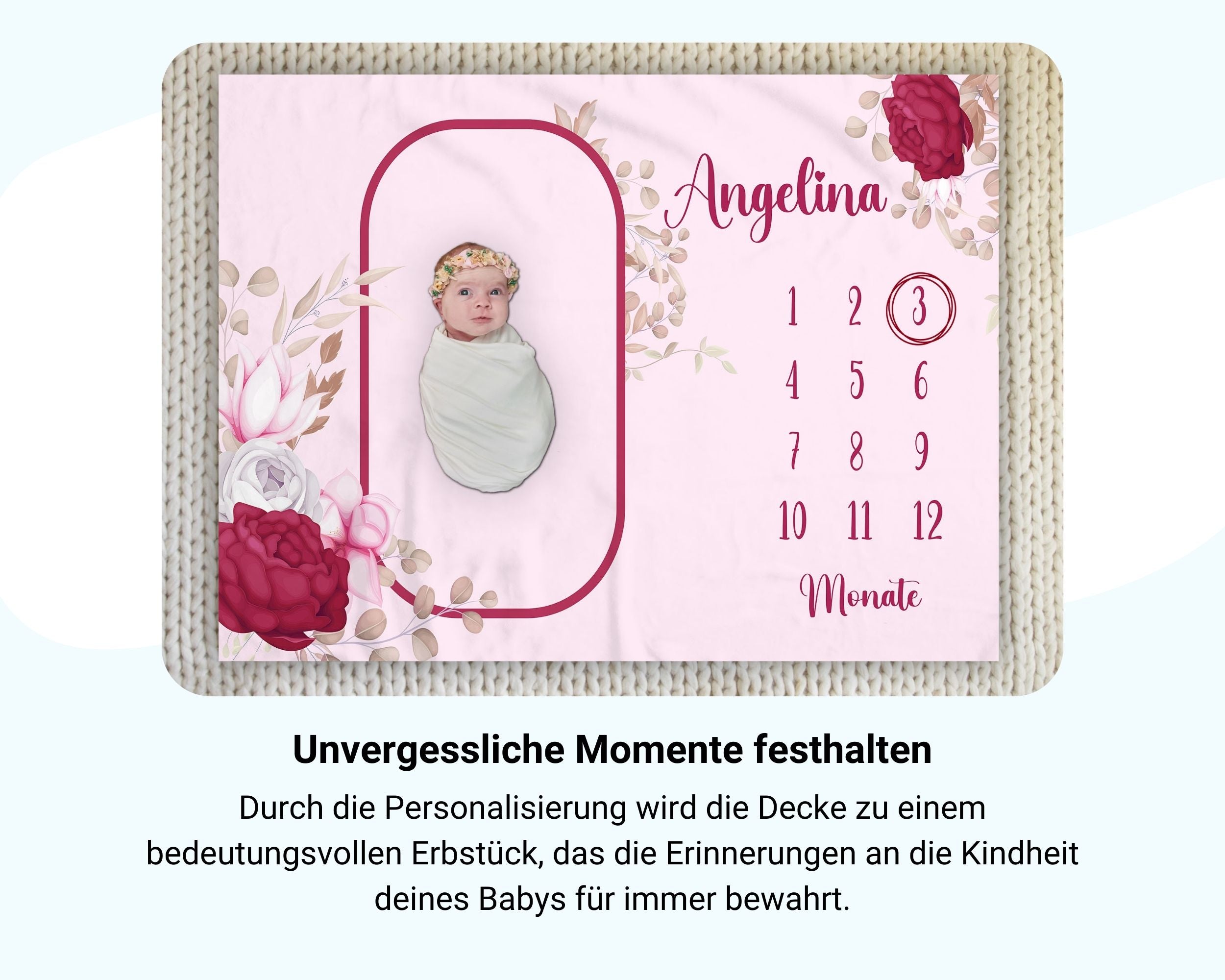 Rote Rosen Blumenmuster - Personalisierte Babydecke