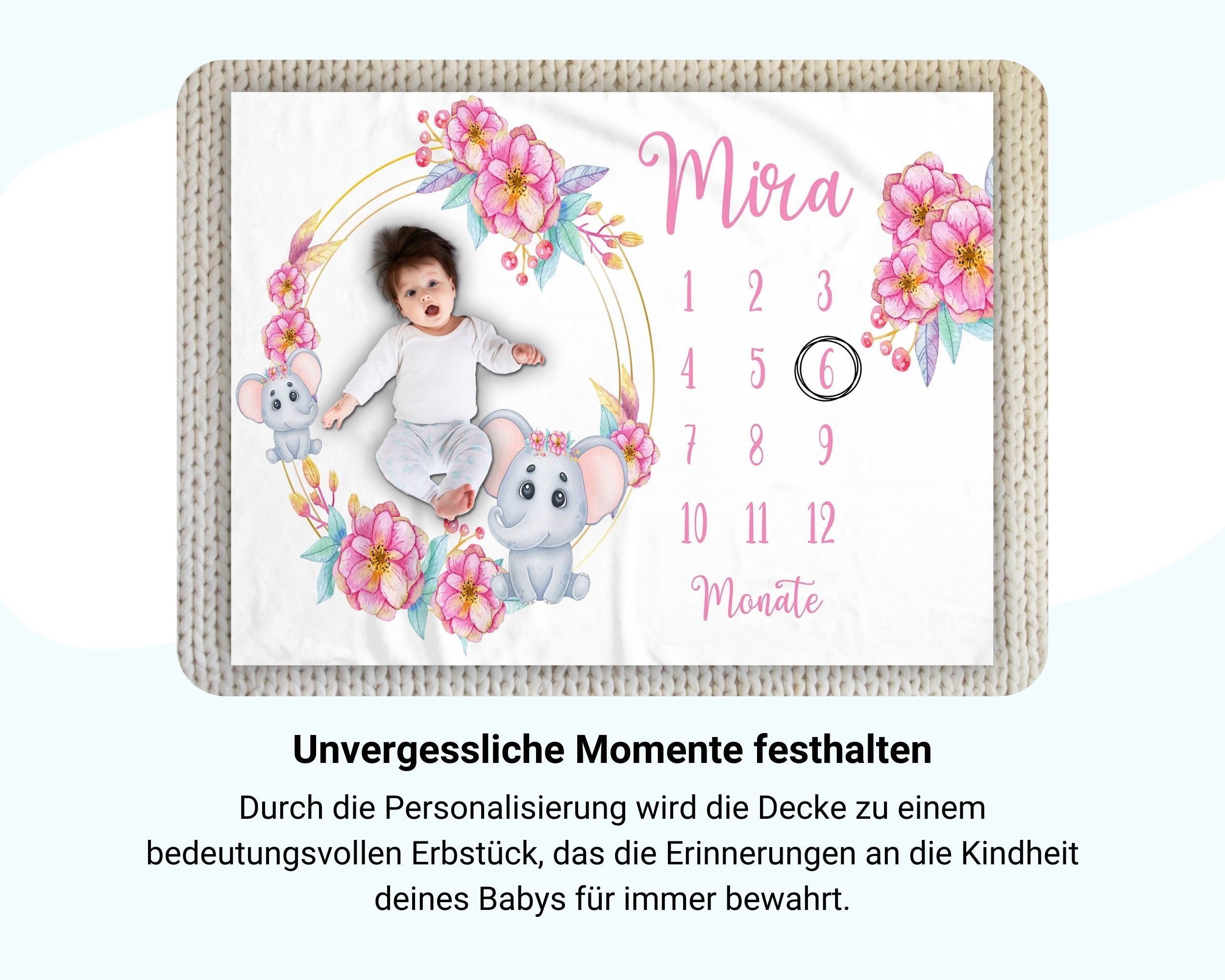 Babyelefanten Blumenmuster - Personalisierte Babydecke