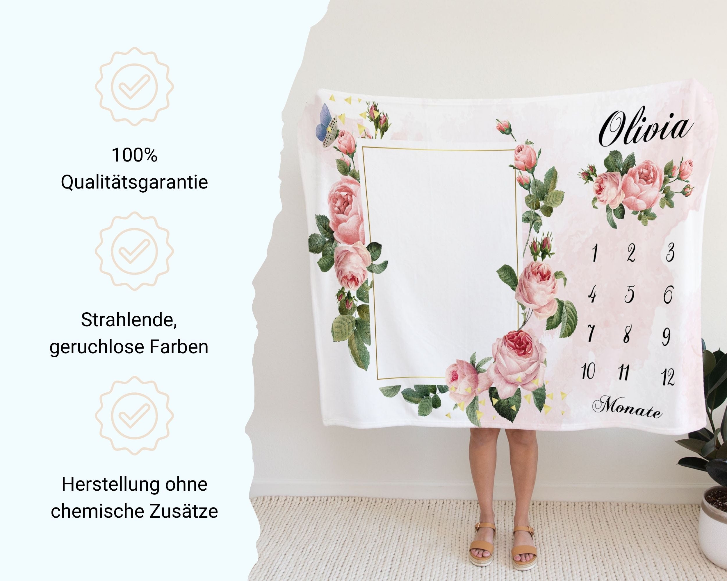 Pinke Rosen Blumenrahmen - Personalisierte Babydecke