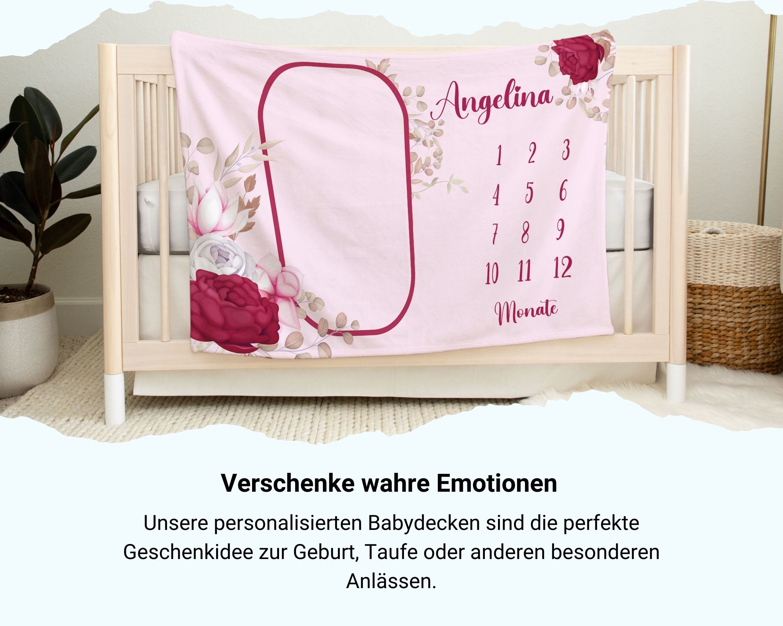 Rote Rosen Blumenmuster - Personalisierte Babydecke