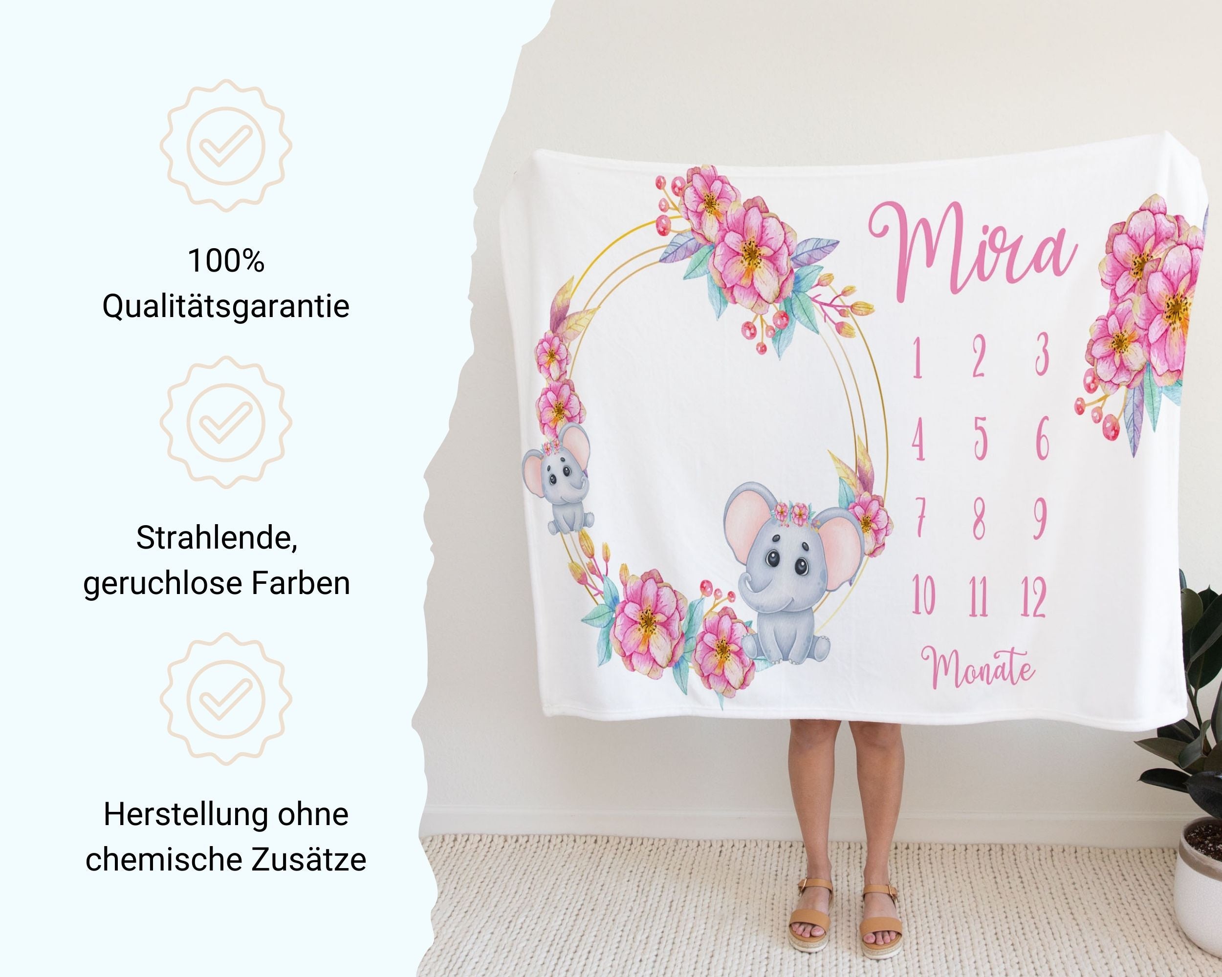 Babyelefanten Blumenmuster - Personalisierte Babydecke