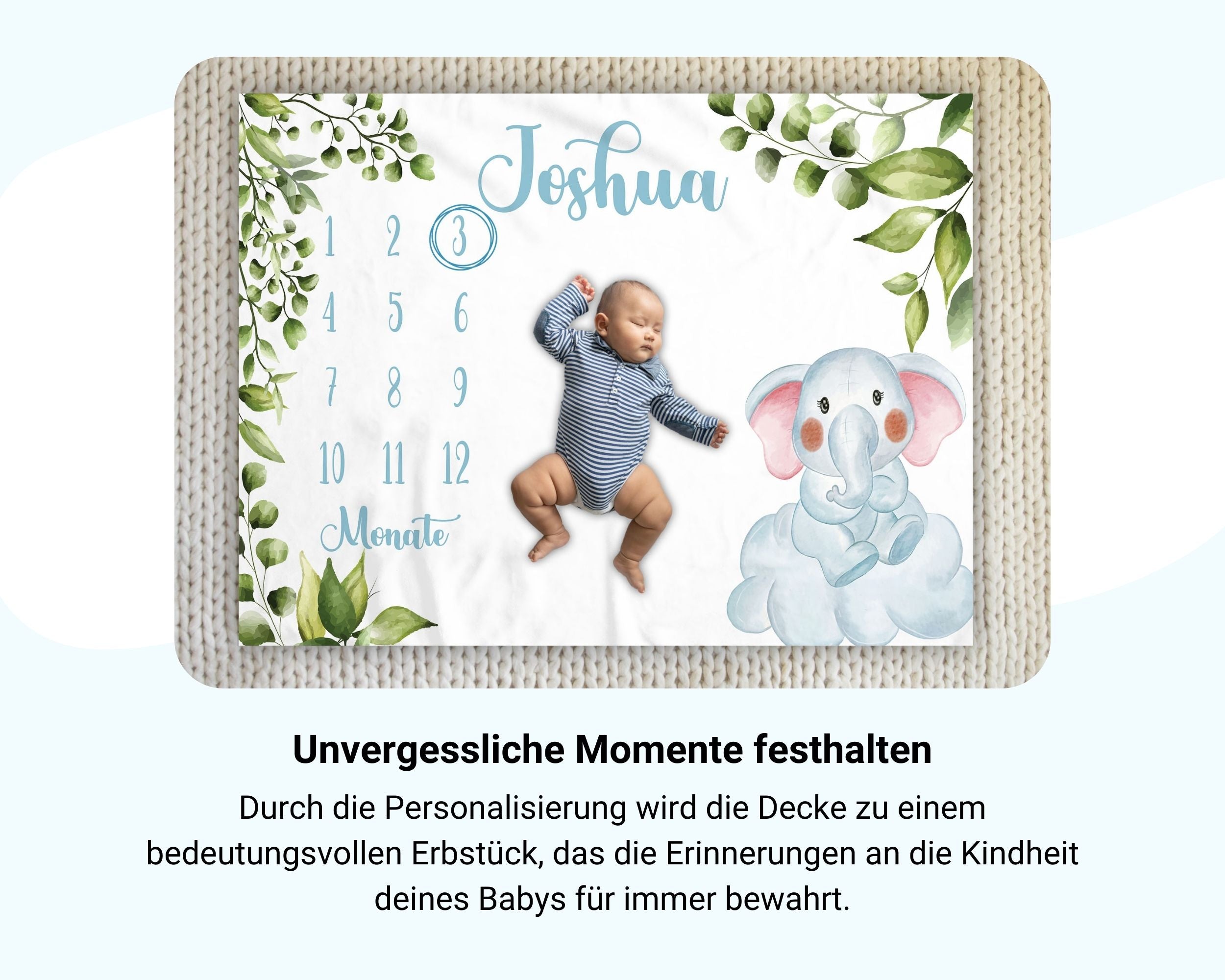 Babyelefant auf Wolke - Personalisierte Babydecke