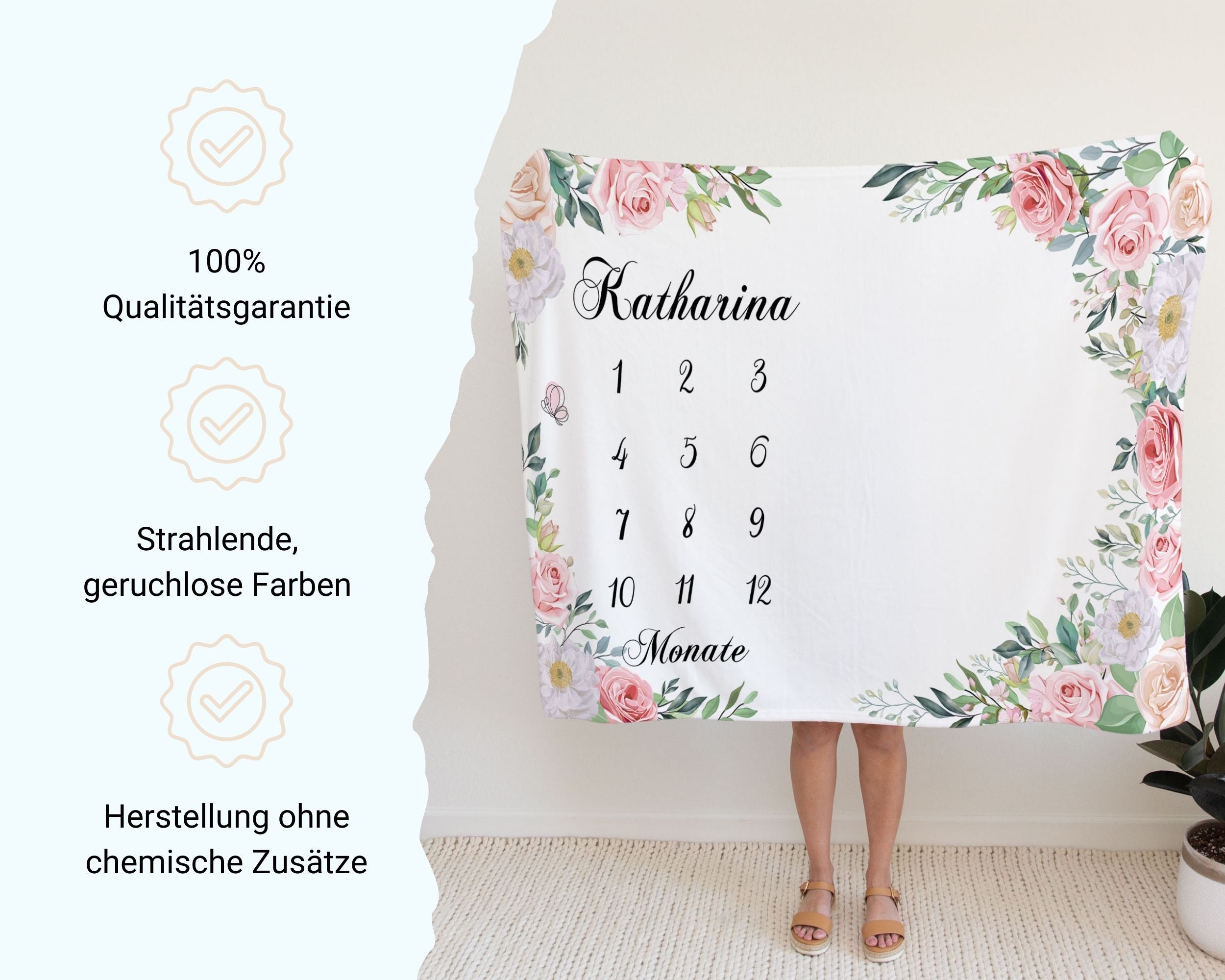 Blumenmuster Pink - Personalisierte Babydecke