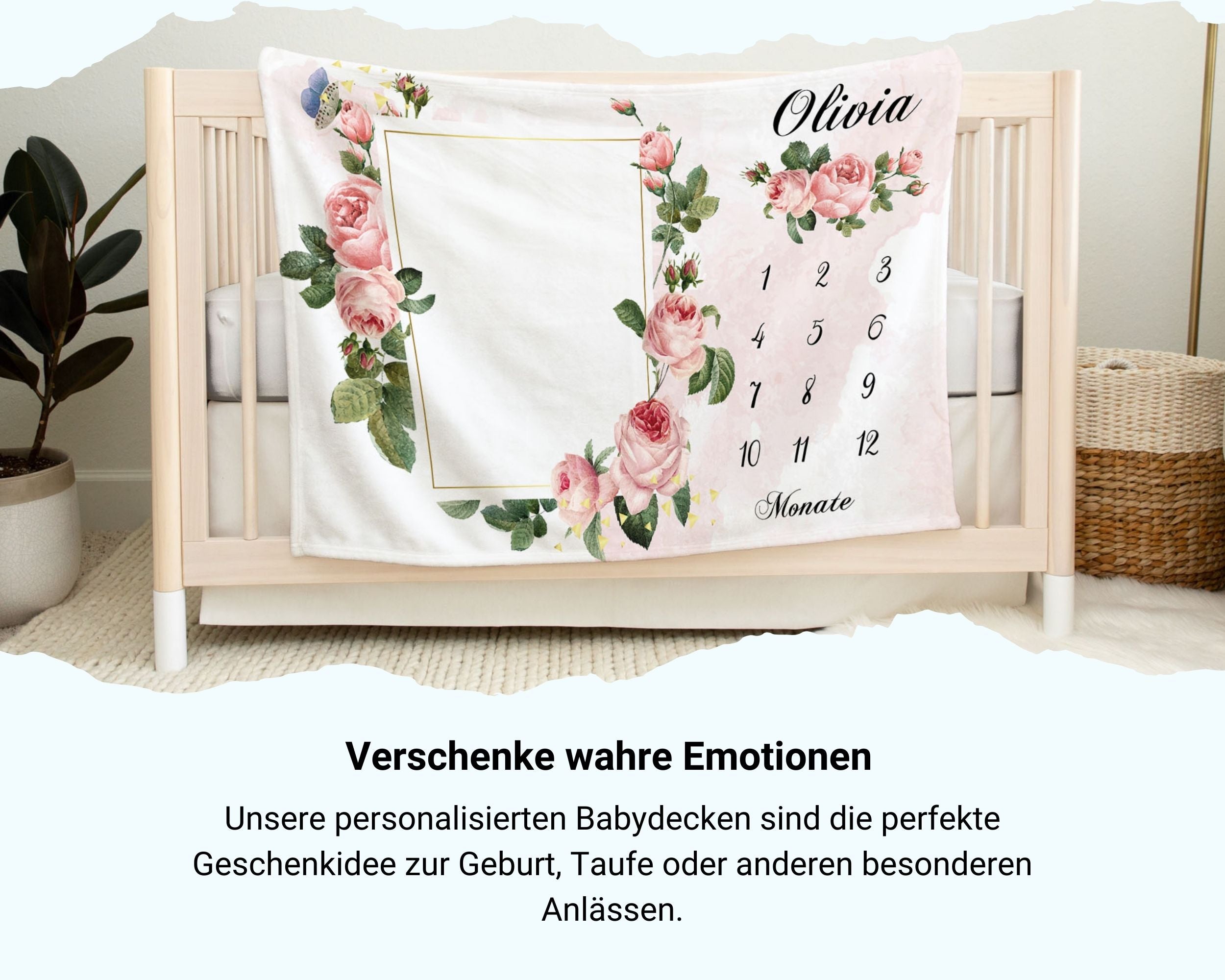 Pinke Rosen Blumenrahmen - Personalisierte Babydecke