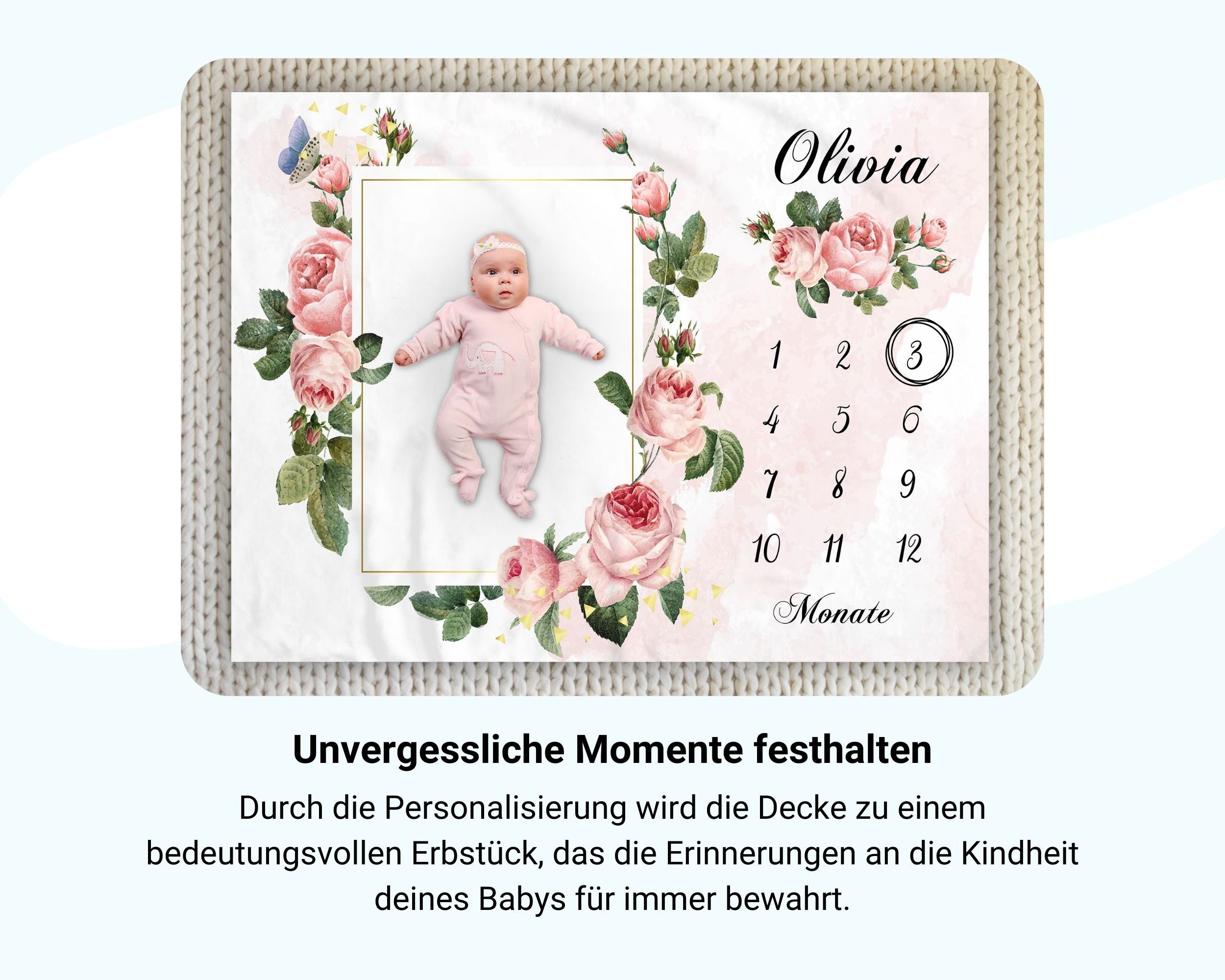 Pinke Rosen Blumenrahmen - Personalisierte Babydecke