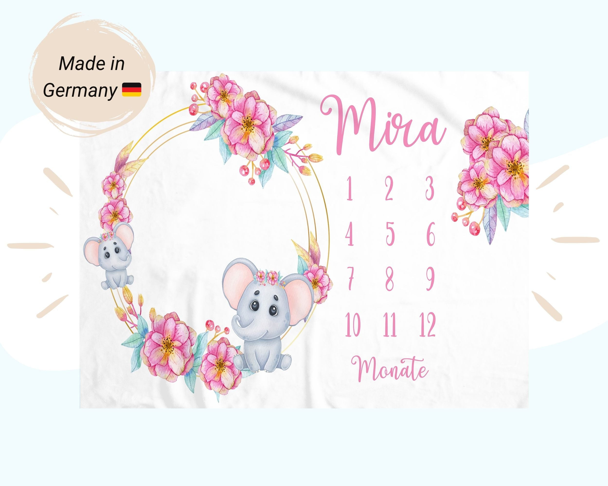 Babyelefanten Blumenmuster - Personalisierte Babydecke